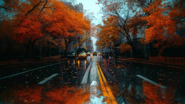 moving animation in a city street on an autumn day