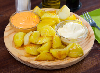 Traditional Spanish fried potatoes Patatas bravas served with cheese sauce and spicy sauce with...