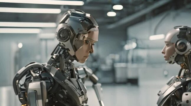 Close-up of a humanoid robot interacting with humans in a laboratory.
