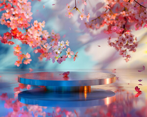 Surreal Display Stand Mockup Amid Vibrant Sakura Blossom Petals in Shallow Focus