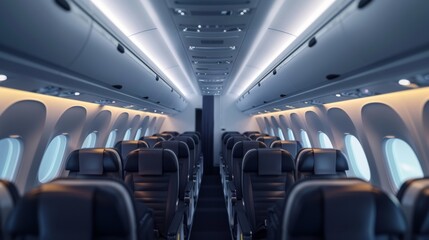 The interior of a modern airplane cabin with passengers comfortably seated and the captains voice...