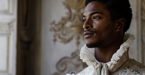 A handsome black man gazes off into the distance embodying the refined elegance of the Renaissance era. His attire boasts elaborate embroidery perfectly tailored ruff collar and a .