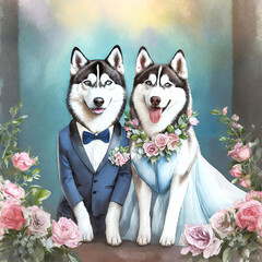 결혼식하는 시베리안허스키 한쌍
