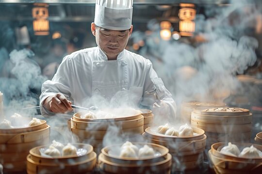 Timelapse video of a chef making dim sum with steam clouds rapidly forming, dynamic and satisfying
