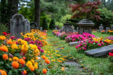 A tranquil cemetery with colorful flowers adorning the graves, conveying a sense of peace and remembrance. - obrazy, fototapety, plakaty