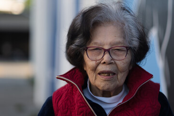 Over ninety years old, a senior citizen of Okinawan (Ryukyuan) looks animated in a candid photo...