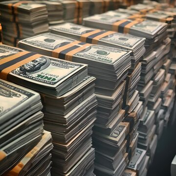 Stacks of banded 100 dollar bills