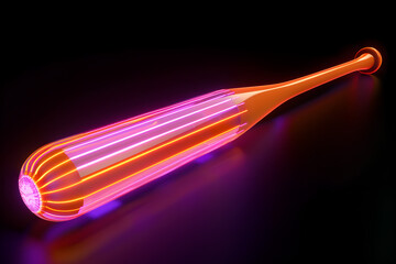 3D neon orange baseball bat with glowing stripes isolated on black background.