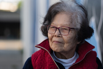 A senior Asian woman with a slight smile, looking off into the distance. She is over ninety years...