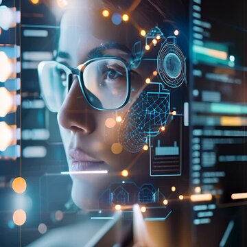 A young woman wearing glasses looks at a futuristic screen with data and graphics.