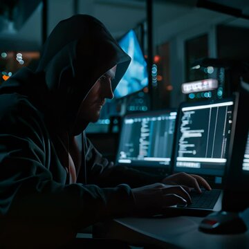 A hacker in a dark room wearing a hoodie and typing on a laptop.