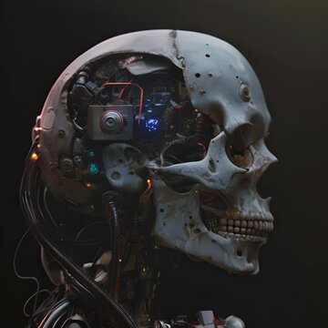 A skull with a glowing blue brain and wires coming out of it.