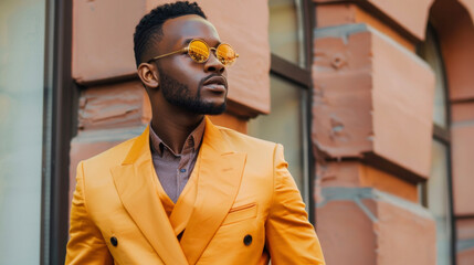 A dapper black man sporting a bold and daring suit tailored by a rising black designer. His outfit exudes confidence and pushes the boundaries of traditional red carpet fashion making . - obrazy, fototapety, plakaty
