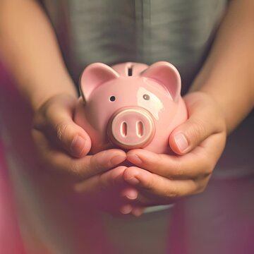 A child is holding a pink piggy bank in the palm of their hands.