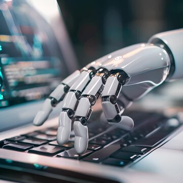A close up of a robot typing on a laptop keyboard.