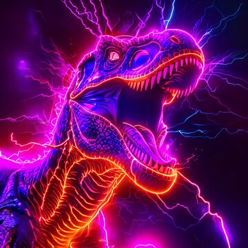 A neon T-rex dinosaur with lightning bolts for bones.