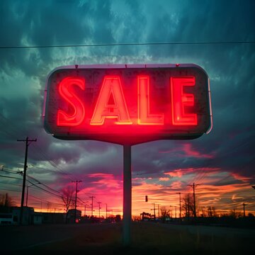 An old, rusty neon sign that reads "SALE" is photographed against a vibrant sunset.