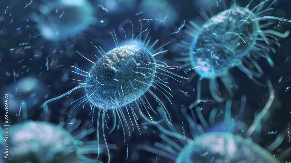 Poster a field of spherical bacteria cells each one surrounded by a halo of smaller moving flagella that pr