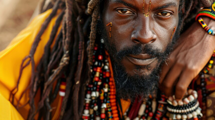 A powerful black man gazes confidently into the camera his dreadlocks adorned with vibrant beads and cowrie shells. His flowing robe and beaded armbands represent the rich history .