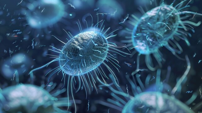 A field of spherical bacteria cells each one surrounded by a halo of smaller moving flagella that propel the cell through its environment.