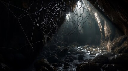 Interior of a dark cave with crystal clear water and cobwebs