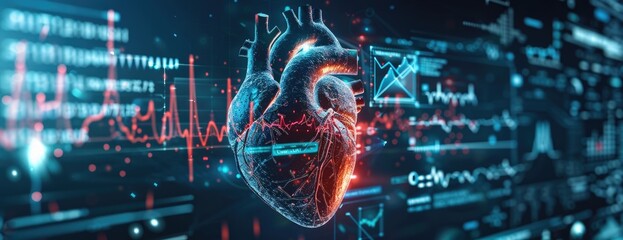 Futuristic human heart with data visualization lines, representation, 3d created with AI