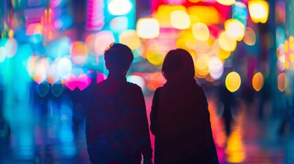 Two figures backs turned to the camera appear to be deep in conversation as they walk along a neonlit street. The colors and . . - obrazy, fototapety, plakaty