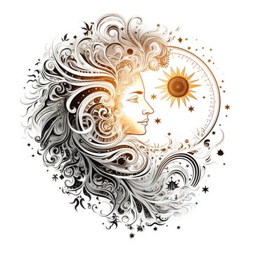 Beautiful woman face with sun and floral ornament. Vector illustration.