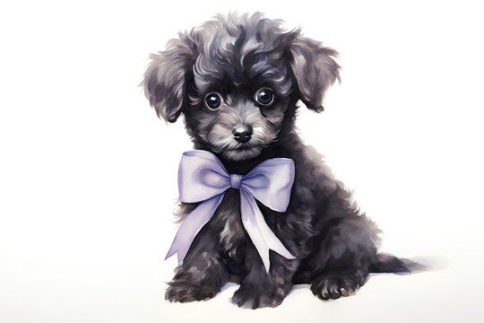 Puppy with bow tie isolated on white background. Watercolor painting.