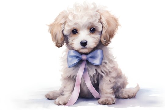 Cute puppy with bow tie isolated on white background. Watercolor painting.