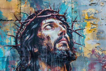 artistic portrait of jesus christ with crown of thorns universal pedestrian painting - obrazy, fototapety, plakaty