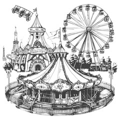 amusement park images using Old engraving style black color only