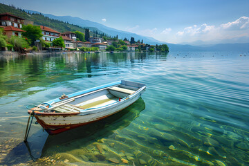 Naklejka na ściany i meble Calm and Serene Boat Ride on the Vibrant Lake Ohrid under Macedonia's Picturesque Mountain Range. 