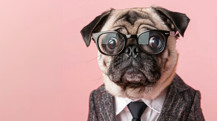 Portrait of pug dog wearing suit and tie with questioned face. Isolated on clean background.