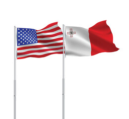 American and Malta flags together.USA,Malta flags on pole