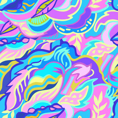 Fototapeta na wymiar Colorful seamless pattern with chaotic floral and psychedelic abstract elements. Vector illustration.