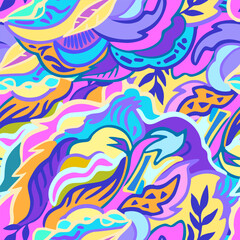 Fototapeta na wymiar Colorful seamless pattern with chaotic floral and psychedelic abstract elements. Vector illustration.
