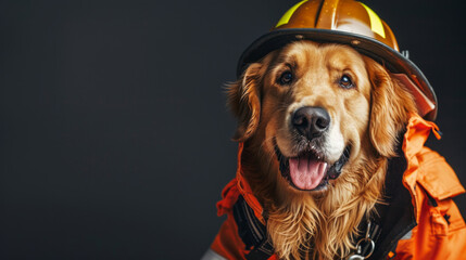 Portrait of golden retriever dog in firefighter suit as a firefighter. Isolated on clean background. Copyspace on the side. --ar 16:9