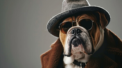 Portrait of bulldog in mafia gangster costume. Wearing hat, overcoat and sunglasses. Isolated on clean background. Copyspace on the side. - obrazy, fototapety, plakaty