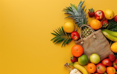 Shopping bag with tropical fruits in it, created with AI 