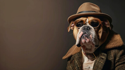 Portrait of bulldog in mafia gangster costume. Wearing hat, overcoat and sunglasses. Isolated on clean background. Copyspace on the side.