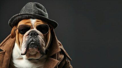 Portrait of bulldog in mafia gangster costume. Wearing hat, overcoat and sunglasses. Isolated on clean background. Copyspace on the side. - obrazy, fototapety, plakaty