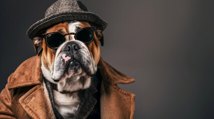 Portrait of cool looking bulldog in mafia gangster costume. Wearing hat, overcoat and sunglasses. Isolated on clean background. Copyspace on the side. - obrazy, fototapety, plakaty