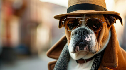 Portrait of bulldog in mafia gangster costume. Wearing hat, overcoat and sunglasses. Isolated on clean background. Copyspace on the side. --ar 16:9