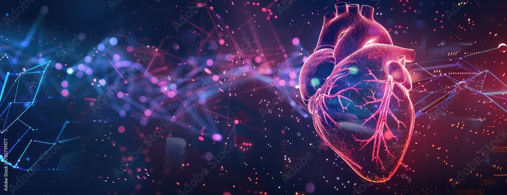 Sticker futuristic human heart with data visualization lines, representation, 3d created with ai