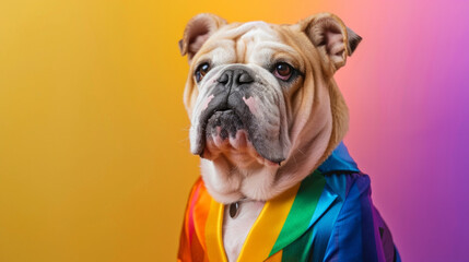 Portrait of Portrait of bulldog in rainbow costume. LGBTQ concept. Isolated on clean background. Copyspace on the side. --ar 16:9