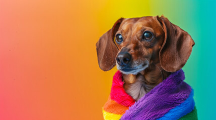 Portrait of Portrait of dachshund in rainbow costume. LGBTQ, pride month, pride parade concept. Isolated on clean background. Copyspace on the side.