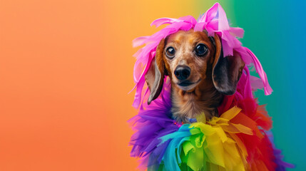 Portrait of Portrait of dachshund in rainbow costume. LGBTQ, pride month, pride parade concept. Isolated on clean background. Copyspace on the side. 