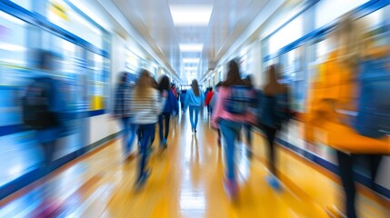 Softly blurred image of a school hallway filled with the energetic chatter and movement of students conveying the nurturing presence of teachers as they guide their students towards .
