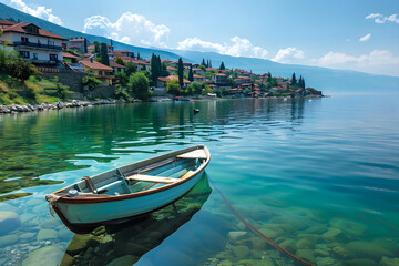Calm and Serene Boat Ride on the Vibrant Lake Ohrid under Macedonia's Picturesque Mountain Range.  - obrazy, fototapety, plakaty
